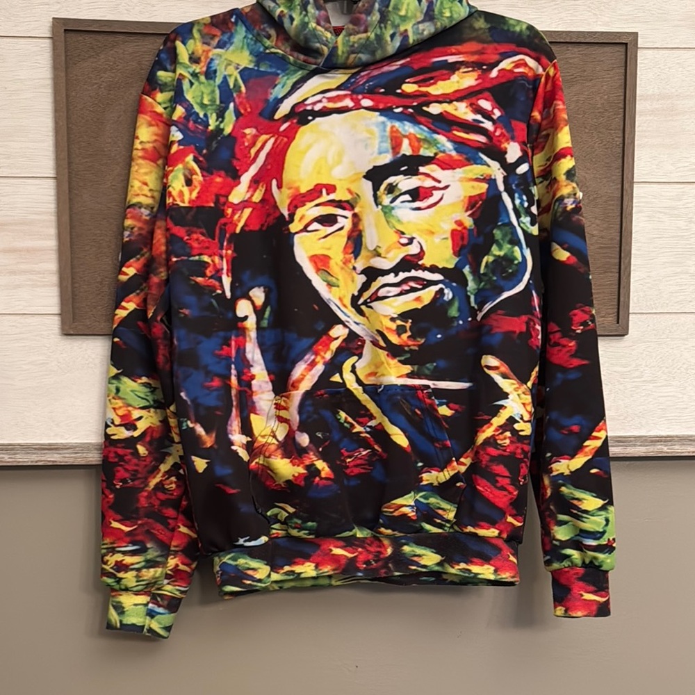 TUPAC Dynamic Red and Yellow Crewneck Sweater with Artistic Design
